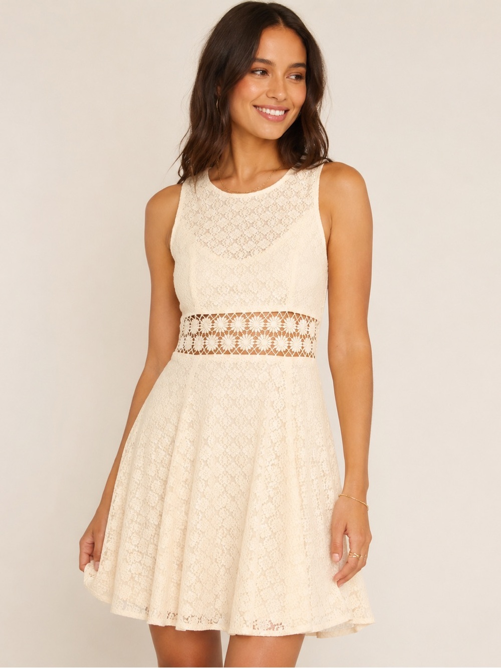 Free People Daisy Waist Dress Ivory Lace Crochet Fit & Flare Mini Size 6